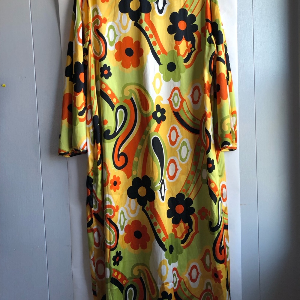 Vintage Boho Yellow Orange Black Floral Maxi Dress with pockets